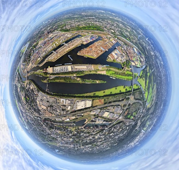 Aerial view, Duisburg-Ruhrort harbour with oil island, coal island and scrap island, A59 motorway, Ruhr river and Rhine-Herne canal, globe, fisheye image, fisheye image, 360 degree image, tiny world, little planet, fisheye image, Ruhrort, Duisburg, Ruhr area, North Rhine-Westphalia, Germany, DE, Europe, fisheye lens, fisheye lens, harbour, harbour area, harbour overview, Little Planet, aerial view, aerial photography, aerial photography, super wide angle lens, Tiny World, overview, bird's eye view, globe, birds-eyes view, duisport, fisheye lens, insta360 camera, overview