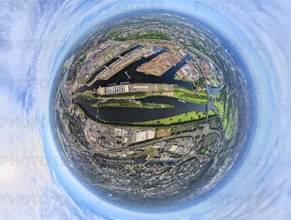 Aerial view, Duisburg-Ruhrort harbour with oil island, coal island and scrap island, A59 motorway, Ruhr river and Rhine-Herne canal, globe, fisheye image, fisheye image, 360 degree image, tiny world, little planet, fisheye image, Ruhrort, Duisburg, Ruhr area, North Rhine-Westphalia, Germany, DE, Europe, fisheye lens, fisheye lens, harbour, harbour area, harbour overview, Little Planet, aerial view, aerial photography, aerial photography, super wide angle lens, Tiny World, overview, bird's eye view, globe, birds-eyes view, duisport, fisheye lens, insta360 camera, overview