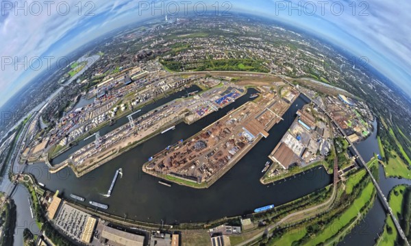 Aerial view, Duisburg-Ruhrort harbour with oil island, coal island and scrap island, A59 motorway, Ruhr river and Rhine-Herne canal, globe, fisheye image, fisheye image, 360 degree image, tiny world, little planet, fisheye image, Ruhrort, Duisburg, Ruhr area, North Rhine-Westphalia, Germany, DE, Europe, fisheye lens, fisheye lens, harbour, harbour area, harbour overview, Little Planet, aerial view, aerial photography, aerial photography, super wide angle lens, Tiny World, overview, bird's eye view, globe, birds-eyes view, duisport, fisheye lens, insta360 camera, overview