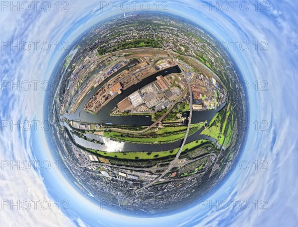 Aerial view, Duisburg-Ruhrort harbour with oil island, coal island and scrap island, A59 motorway, Ruhr river and Rhine-Herne canal, globe, fisheye image, fisheye image, 360 degree image, tiny world, little planet, fisheye image, Ruhrort, Duisburg, Ruhr area, North Rhine-Westphalia, Germany, DE, Europe, fisheye lens, fisheye lens, harbour, harbour area, harbour overview, Little Planet, aerial view, aerial photography, aerial photography, super wide angle lens, Tiny World, overview, bird's eye view, globe, birds-eyes view, duisport, fisheye lens, insta360 camera, overview