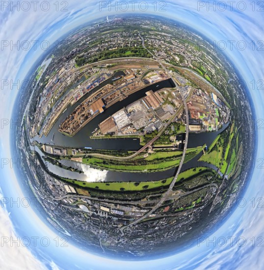 Aerial view, Duisburg-Ruhrort harbour with oil island, coal island and scrap island, A59 motorway, Ruhr river and Rhine-Herne canal, globe, fisheye image, fisheye image, 360 degree image, tiny world, little planet, fisheye image, Ruhrort, Duisburg, Ruhr area, North Rhine-Westphalia, Germany, DE, Europe, fisheye lens, fisheye lens, harbour, harbour area, harbour overview, Little Planet, aerial view, aerial photography, aerial photography, super wide angle lens, Tiny World, overview, bird's eye view, globe, birds-eyes view, duisport, fisheye lens, insta360 camera, overview