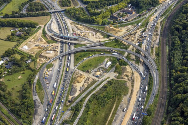 Aerial view, motorway junction Kaiserberg with construction site, Duissern, Duisburg, Ruhr area, North Rhine-Westphalia, Germany, construction work, construction area, construction site, building plots, construction project, construction site, DE, Europe, large construction site, aerial view, aerial photography, aerial photography, new construction, road traffic, overview, bird's-eye view, overview