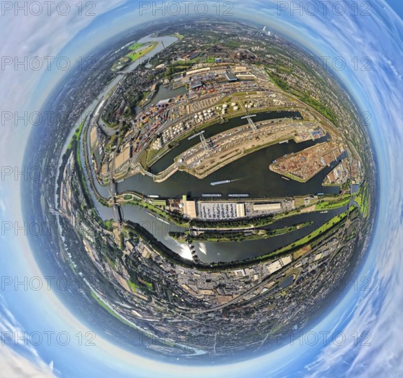 Aerial view, Duisburg-Ruhrort harbour with oil island, coal island and scrap island, A59 motorway, Ruhr river and Rhine-Herne canal, globe, fisheye image, fisheye image, 360 degree image, tiny world, little planet, fisheye image, Ruhrort, Duisburg, Ruhr area, North Rhine-Westphalia, Germany, DE, Europe, fisheye lens, fisheye lens, harbour, harbour area, harbour overview, Little Planet, aerial view, aerial photography, aerial photography, super wide angle lens, Tiny World, overview, bird's eye view, globe, birds-eyes view, duisport, fisheye lens, insta360 camera, overview