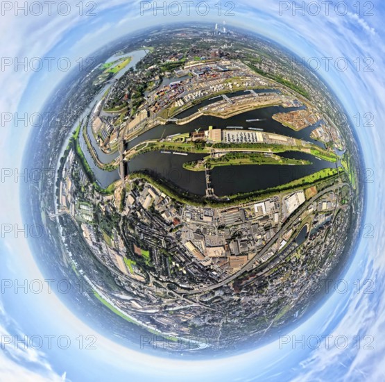 Aerial view, harbour Duisburg-Ruhrort with oil island, coal island and scrap island, river Ruhr and Rhine-Herne-Canal, globe, fisheye image, fisheye image, 360 degree image, tiny world, little planet, fisheye image, Ruhrort, Duisburg, Ruhr area, North Rhine-Westphalia, Germany, DE, Europe, fisheye lens, fisheye lens, harbour, harbour area, harbour overview, Little Planet, aerial view, aerial photography, aerial photography, super wide angle lens, Tiny World, overview, bird's eye view, globe, birds-eyes view, duisport, fisheye lens, insta360 camera, overview