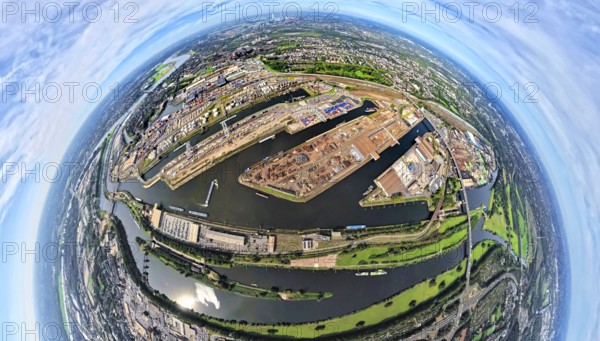 Aerial view, Duisburg-Ruhrort harbour with oil island, coal island and scrap island, A59 motorway, Ruhr river and Rhine-Herne canal, globe, fisheye image, fisheye image, 360 degree image, tiny world, little planet, fisheye image, Ruhrort, Duisburg, Ruhr area, North Rhine-Westphalia, Germany, DE, Europe, fisheye lens, fisheye lens, harbour, harbour area, harbour overview, Little Planet, aerial view, aerial photography, aerial photography, super wide angle lens, Tiny World, overview, bird's eye view, globe, birds-eyes view, duisport, fisheye lens, insta360 camera, overview