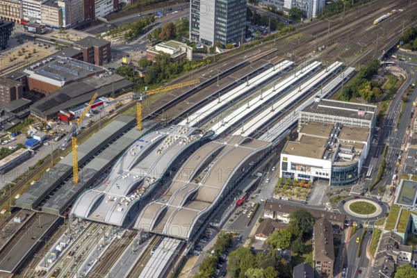 Aerial view, major construction site main station Hbf, area between new track hall and Portsmouthplatz, Neudorf, Duisburg, Ruhr area, North Rhine-Westphalia, Germany, railway area, station, station forecourt, construction work, construction area, construction site, construction site, construction project, construction project, construction site, DE, Deutsche Bahn AG, Europe, track system, tracks, major construction site, main station, main station, aerial view, aerial photography, aerial photography, new building, overview, bird's-eye view, overview