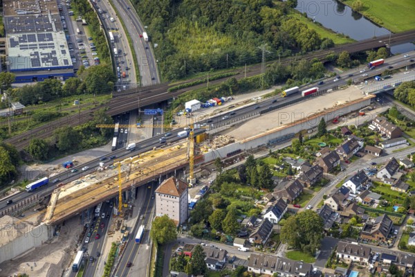 Aerial view, Kaiserberg motorway junction with construction site and bridge construction, Werthacker bunker, Duissern, Duisburg, Ruhr area, North Rhine-Westphalia, Germany, construction work, construction area, construction site, building plots, construction project, construction site, bridge construction, DE, Europe, major construction site, aerial view, aerial photography, aerial photography, new construction, road traffic, overview, bird's eye view, bird's eye view, overview