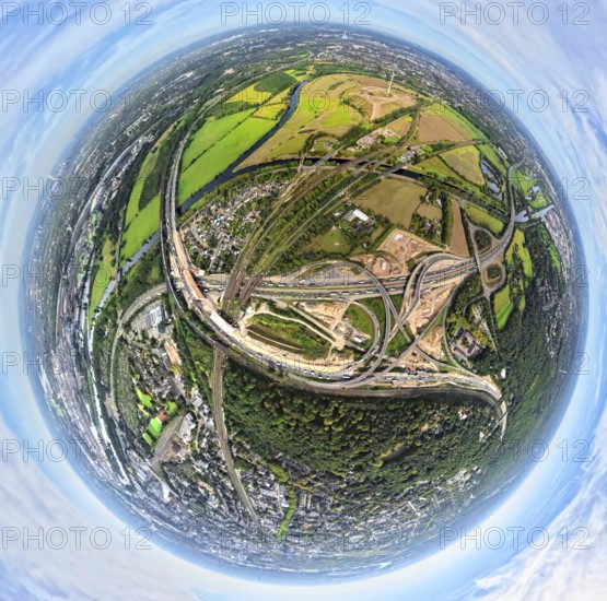 Aerial photo, Kaiserberg motorway junction with construction site, behind Styrumer Ruhrbogen energy park, earth globe, fisheye image, 360 degree image, tiny world, little planet, fisheye image, Duissern, Duisburg, Ruhr area, North Rhine-Westphalia, Germany, motorway, construction work, construction area, construction site, building plots, construction, construction project, construction site, DE, Europe, fisheye lens, fisheye lens, large construction site, Little Planet, aerial view, aerial photography, aerial photography, new construction, road traffic, super wide angle lens, Tiny World, overview, bird's eye view, globe, birds-eyes view, fisheye lens, insta360 camera, overview