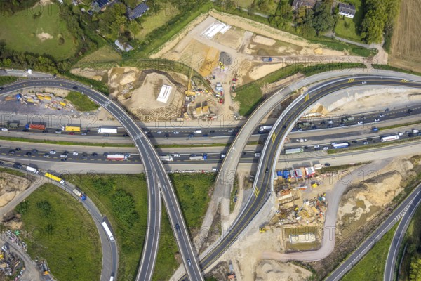 Aerial view, motorway junction Kaiserberg with construction site, motorway A40 and A3, Duissern, Duisburg, Ruhr area, North Rhine-Westphalia, Germany, construction work, construction area, construction site, construction project, construction site, DE, Europe, large construction site, aerial view, aerial photography, aerial photography, new construction, road traffic, overview, bird's-eye view, bird's-eye view, overview
