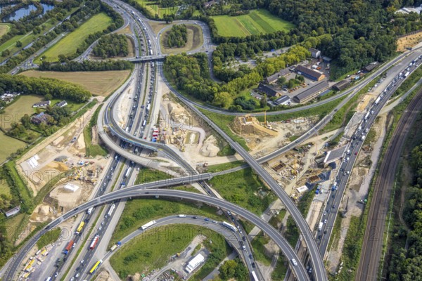 Aerial view, motorway junction Kaiserberg with construction site, motorway A40 and A3, Duissern, Duisburg, Ruhr area, North Rhine-Westphalia, Germany, construction work, construction area, construction site, construction project, construction site, DE, Europe, large construction site, aerial view, aerial photography, aerial photography, new construction, road traffic, overview, bird's-eye view, bird's-eye view, overview