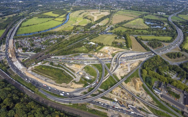 Aerial view, motorway junction Kaiserberg with construction site, motorway A40 and A3, Duissern, Duisburg, Ruhr area, North Rhine-Westphalia, Germany, construction work, construction area, construction site, construction project, construction site, DE, Europe, large construction site, aerial view, aerial photography, aerial photography, new construction, road traffic, overview, bird's-eye view, bird's-eye view, overview