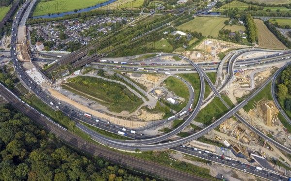 Aerial view, motorway junction Kaiserberg with construction site, motorway A40 and A3, Duissern, Duisburg, Ruhr area, North Rhine-Westphalia, Germany, construction work, construction area, construction site, construction project, construction site, DE, Europe, large construction site, aerial view, aerial photography, aerial photography, new construction, road traffic, overview, bird's-eye view, bird's-eye view, overview