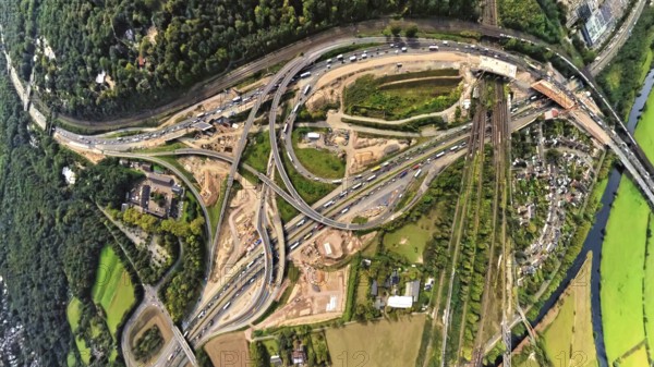 Aerial view, Kaiserberg motorway junction with construction site, globe, fisheye image, 360 degree image, tiny world, little planet, fisheye image, Duissern, Duisburg, Ruhr area, North Rhine-Westphalia, Germany, motorway, construction work, construction site, building site, building plots, construction project, construction site, DE, Europe, fisheye lens, fisheye lens, large construction site, Little Planet, aerial view, aerial photography, aerial photography, new construction, road traffic, super wide angle lens, Tiny World, overview, bird's eye view, globe, birds-eyes view, fisheye lens, insta360 camera, overview