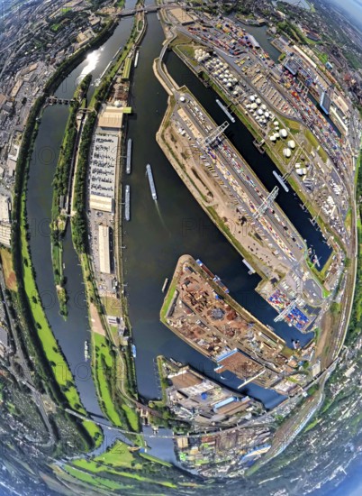 Aerial view, Duisburg-Ruhrort harbour with oil island, coal island and scrap island, A59 motorway, Ruhr river and Rhine-Herne canal, globe, fisheye image, fisheye image, 360 degree image, tiny world, little planet, fisheye image, Ruhrort, Duisburg, Ruhr area, North Rhine-Westphalia, Germany, DE, Europe, fisheye lens, fisheye lens, harbour, harbour area, harbour overview, Little Planet, aerial view, aerial photography, aerial photography, super wide angle lens, Tiny World, overview, bird's eye view, globe, birds-eyes view, duisport, fisheye lens, insta360 camera, overview