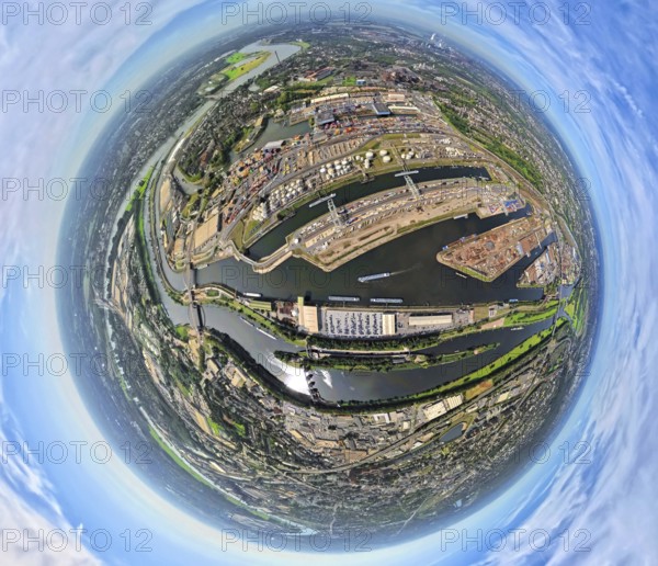 Aerial view, harbour Duisburg-Ruhrort with oil island, coal island and scrap island, river Ruhr and Rhine-Herne-Canal, globe, fisheye image, fisheye image, 360 degree image, tiny world, little planet, fisheye image, Ruhrort, Duisburg, Ruhr area, North Rhine-Westphalia, Germany, DE, Europe, fisheye lens, fisheye lens, harbour, harbour area, harbour overview, Little Planet, aerial view, aerial photography, aerial photography, super wide angle lens, Tiny World, overview, bird's eye view, globe, birds-eyes view, duisport, fisheye lens, insta360 camera, overview