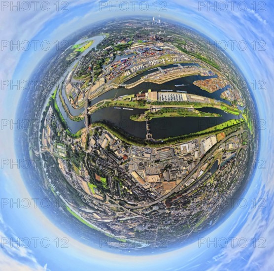 Aerial view, harbour Duisburg-Ruhrort with oil island, coal island and scrap island, river Ruhr and Rhine-Herne-Canal, globe, fisheye image, fisheye image, 360 degree image, tiny world, little planet, fisheye image, Ruhrort, Duisburg, Ruhr area, North Rhine-Westphalia, Germany, DE, Europe, fisheye lens, fisheye lens, harbour, harbour area, harbour overview, Little Planet, aerial view, aerial photography, aerial photography, super wide angle lens, Tiny World, overview, bird's eye view, globe, birds-eyes view, duisport, fisheye lens, insta360 camera, overview