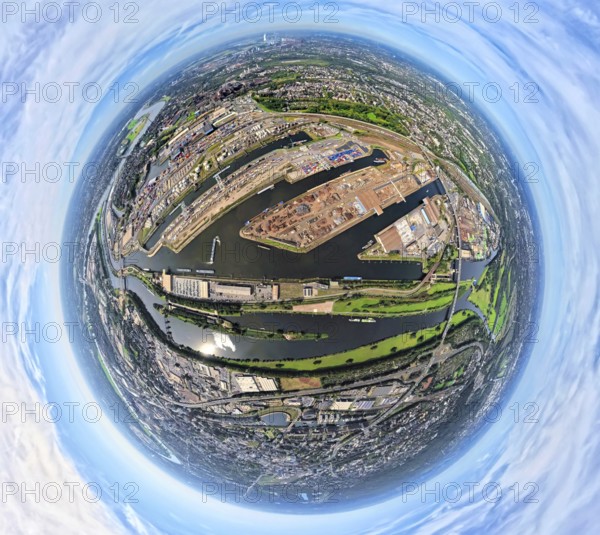 Aerial view, Duisburg-Ruhrort harbour with oil island, coal island and scrap island, A59 motorway, Ruhr river and Rhine-Herne canal, globe, fisheye image, fisheye image, 360 degree image, tiny world, little planet, fisheye image, Ruhrort, Duisburg, Ruhr area, North Rhine-Westphalia, Germany, DE, Europe, fisheye lens, fisheye lens, harbour, harbour area, harbour overview, Little Planet, aerial view, aerial photography, aerial photography, super wide angle lens, Tiny World, overview, bird's eye view, globe, birds-eyes view, duisport, fisheye lens, insta360 camera, overview