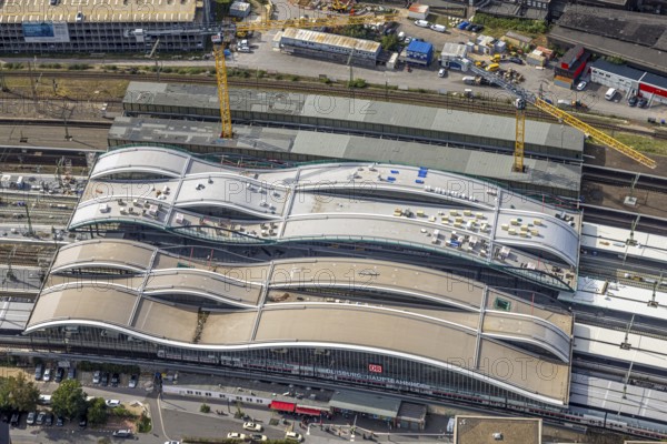 Aerial view, major construction site main station Hbf, area between new track hall and Portsmouthplatz, Neudorf-Nord, Duisburg, Ruhr area, North Rhine-Westphalia, Germany, railway area, station, station forecourt, construction work, construction area, construction site, construction site, construction project, construction project, construction site, DE, Deutsche Bahn AG, Europe, track system, tracks, major construction site, main station, main station, aerial view, aerial photography, aerial photography, new building, overview, bird's-eye view, overview