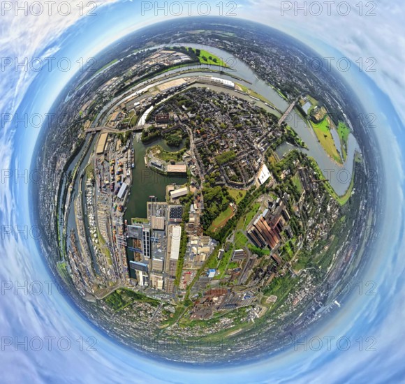 Aerial view, Ruhrort district with Ruhrort terminal, Duisburg harbour and Ruhr estuary into the river Rhine, globe, fisheye image, 360 degree image, tiny world, little planet, fisheye image, Ruhrort, Duisburg, Ruhr area, North Rhine-Westphalia, Germany, DE, Europe, fisheye lens, fisheye lens, Little Planet, aerial photography, aerial photography, super wide angle lens, Tiny World, overview, bird's eye view, globe, birds-eyes view, duisport, fisheye lens, insta360 camera, overview