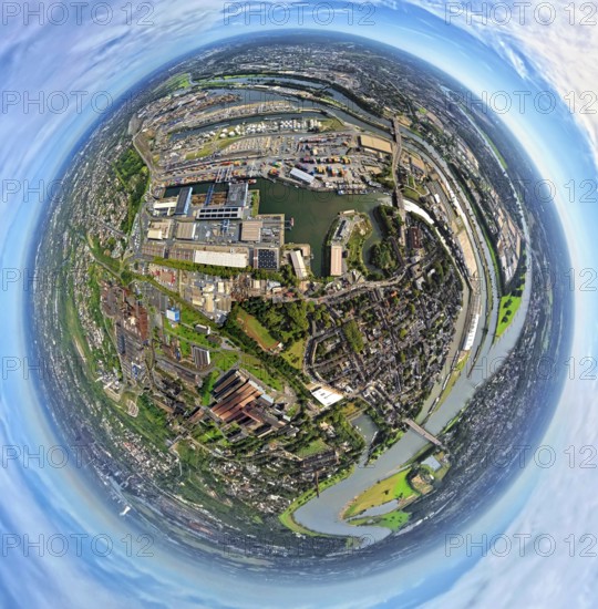 Aerial view, Ruhrort district with Ruhrort terminal, Duisburg harbour and Ruhr estuary into the river Rhine, globe, fisheye image, 360 degree image, tiny world, little planet, fisheye image, Ruhrort, Duisburg, Ruhr area, North Rhine-Westphalia, Germany, DE, Europe, fisheye lens, fisheye lens, Little Planet, aerial photography, aerial photography, super wide angle lens, Tiny World, overview, bird's eye view, globe, birds-eyes view, duisport, fisheye lens, insta360 camera, overview