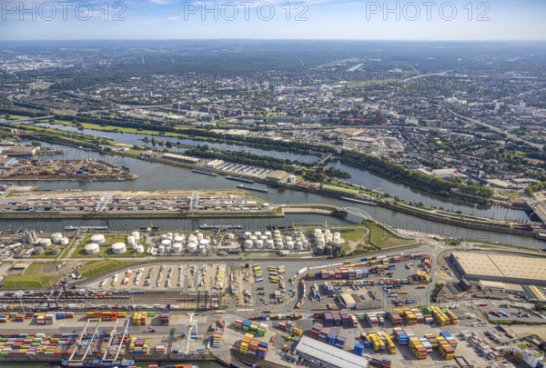 Aerial view, Duisburg harbour with Ruhrort container terminal, oil island and coal island, river Ruhr with Ruhr lock Duisburg Pontwert and Rhine-Herne-Canal, Karl-Lehr-Bridge, Ruhrort, Duisburg, Ruhr area, North Rhine-Westphalia, Germany, DE, Europe, harbour, harbour area, port area, aerial view, aerial photography, aerial photography, overview, bird's-eye view, bird's-eye view, duisport, overview