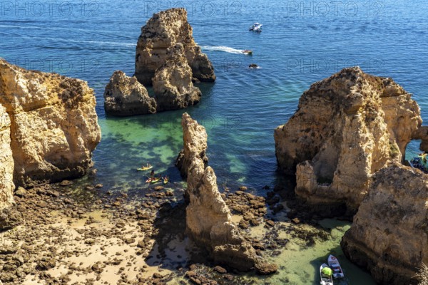 Ponta da Piedade rocky coast, rugged coastal landscape, right next to the centre of Lagos, in the west of the Algarve, Portugal