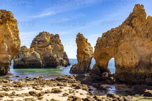 Ponta da Piedade rocky coast, rugged coastal landscape, right next to the centre of Lagos, in the west of the Algarve, Portugal