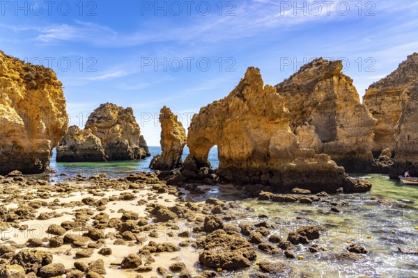 Ponta da Piedade rocky coast, rugged coastal landscape, right next to the centre of Lagos, in the west of the Algarve, Portugal
