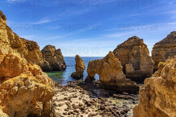 Ponta da Piedade rocky coast, rugged coastal landscape, right next to the centre of Lagos, in the west of the Algarve, Portugal