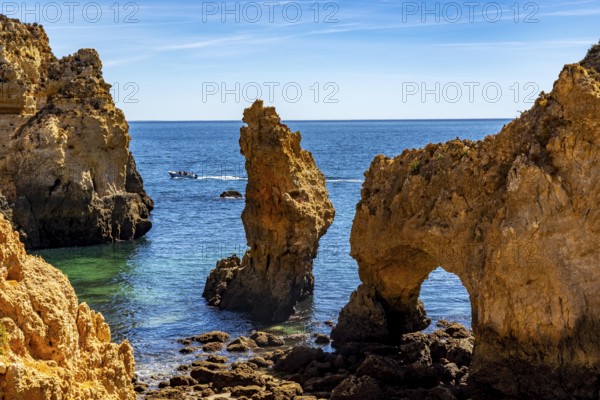 Ponta da Piedade rocky coast, rugged coastal landscape, right next to the centre of Lagos, in the west of the Algarve, Portugal
