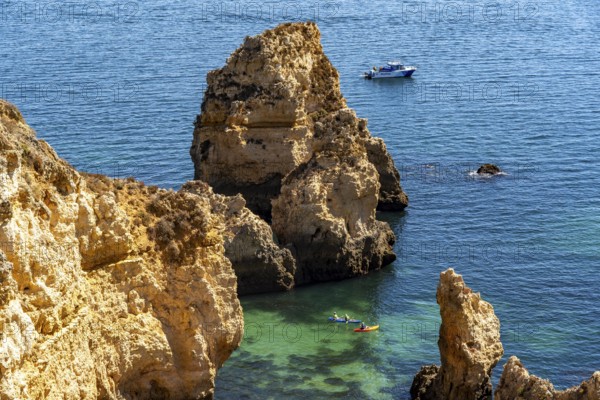 Ponta da Piedade rocky coast, rugged coastal landscape, right next to the centre of Lagos, in the west of the Algarve, Portugal