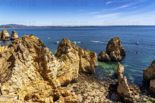 Ponta da Piedade rocky coast, rugged coastal landscape, right next to the centre of Lagos, in the west of the Algarve, Portugal