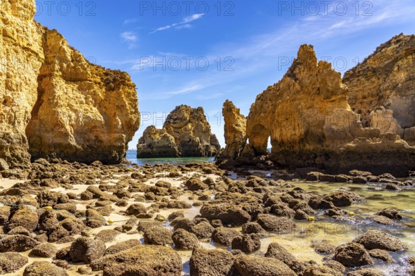 Ponta da Piedade rocky coast, rugged coastal landscape, right next to the centre of Lagos, in the west of the Algarve, Portugal