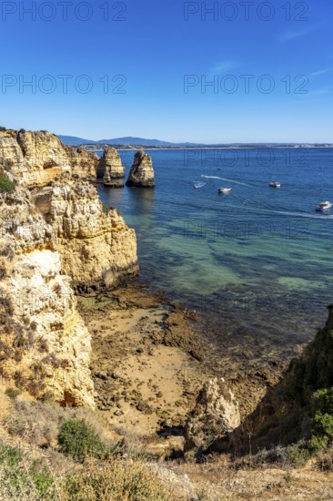 Ponta da Piedade rocky coast, rugged coastal landscape, right next to the centre of Lagos, in the west of the Algarve, Portugal