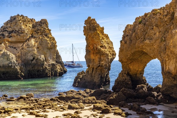Ponta da Piedade rocky coast, rugged coastal landscape, right next to the centre of Lagos, in the west of the Algarve, Portugal