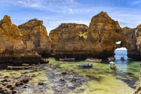 Ponta da Piedade rocky coast, rugged coastal landscape, right next to the centre of Lagos, in the west of the Algarve, Portugal