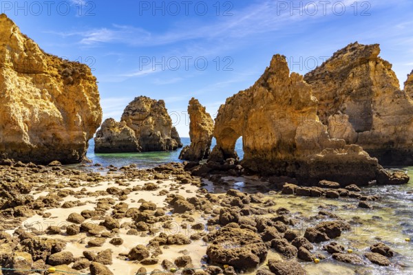 Ponta da Piedade rocky coast, rugged coastal landscape, right next to the centre of Lagos, in the west of the Algarve, Portugal