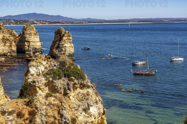 Ponta da Piedade rocky coast, rugged coastal landscape, right next to the centre of Lagos, in the west of the Algarve, Portugal