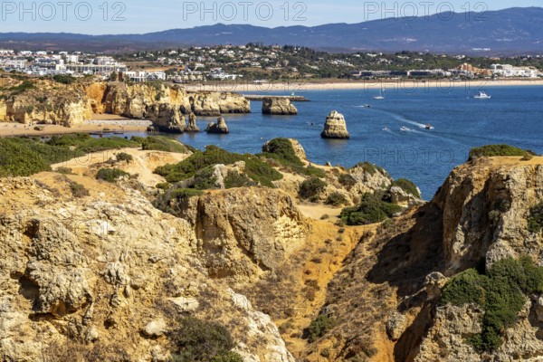 Ponta da Piedade rocky coast, rugged coastal landscape, right next to the centre of Lagos, in the west of the Algarve, Portugal