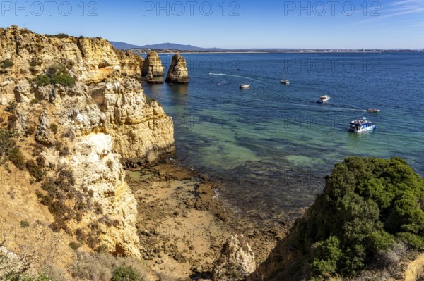 Ponta da Piedade rocky coast, rugged coastal landscape, right next to the centre of Lagos, in the west of the Algarve, Portugal