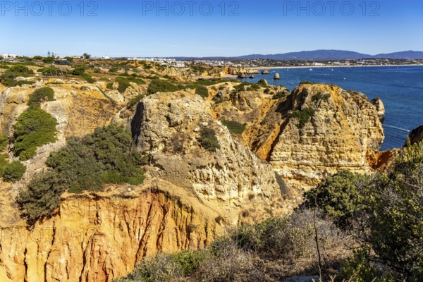 Ponta da Piedade rocky coast, rugged coastal landscape, right next to the centre of Lagos, in the west of the Algarve, Portugal