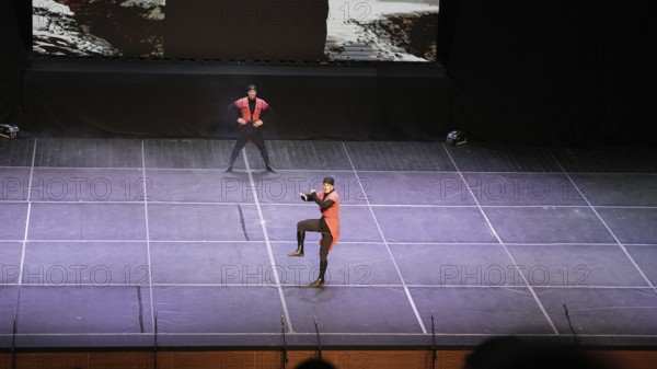 Male dancers from Fire of Anatolia perform the traditional Lezginka dance in Gaziantep, showcasing energetic jumps, fast spins, and powerful gestures. The Caucasian folk dance is widely recognized across Georgia and eastern Türkiye, Gaziantep, Gaziantep, Türkiye