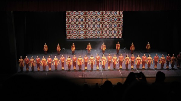 Members of Fire of Anatolia, also known as Anadolu Atesi, bow to the audience after their performance at Gaziantep University. The troupe enjoys worldwide fame and holds Guinness World Records for its achievements, Gaziantep, Gaziantep, Türkiye