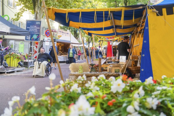 Colourful market scene with tents, flowers and people in motion, Sindelfingen, Böblingen district, Germany