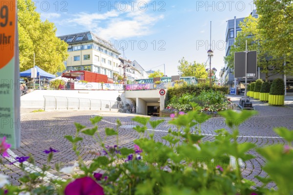 Urban scene with flowers and modern architecture on a sunny day, Sindelfingen, Böblingen district, Germany