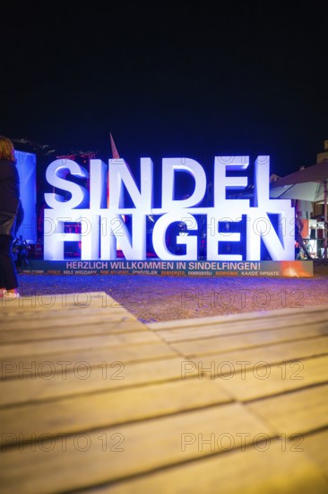 Luminous welcome board at night at an event in Sindelfingen, Sindelfingen, Böblingen district, Germany