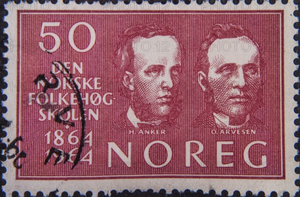 Herman Anker (1839-1896) and Olaus Arvesen (1830-1917) established Norway's first folk high school in Hamar in 1864. Portrait on a Norwegian postage stamp