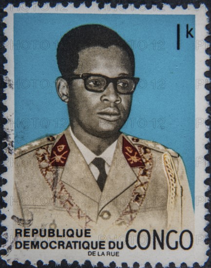 Mobutu Sese Seko, originally Joseph-Désiré Mobutu, (1930-1997) was President of Zaire from 1965 to 1997. Portrait on Congolese postage stamp