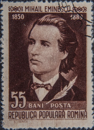 Mihail Eminescu, (1850-1889) was a late romantic poet, and is probably the most famous Romanian poet. Portrait on Romanian postage stamp