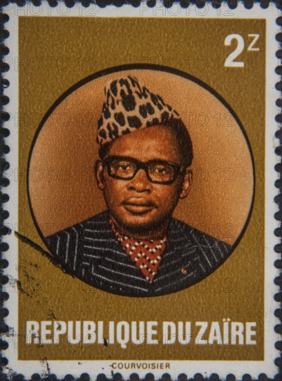 Mobutu Sese Seko, originally Joseph-Désiré Mobutu, (1930-1997) was President of Zaire from 1965 to 1997. Portrait on Zairean postage stamp